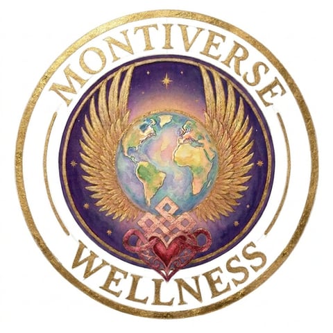 Montiverse Wellness circular logo with golden wings surrounding Earth, surrounded by stars and a red heart symbol at the base