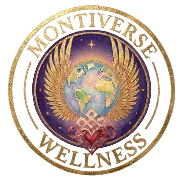 Montiverse Wellness circular logo with golden wings surrounding Earth, surrounded by stars and a red heart symbol at the base